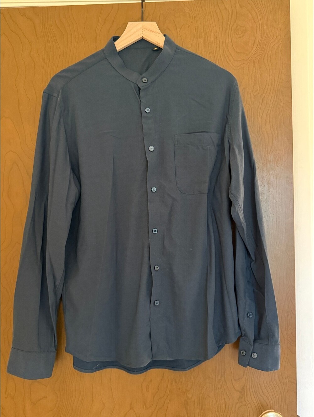 Teal Blue Mandarin Collar Button Down Shirt Minimalist Modern Clean-Cut